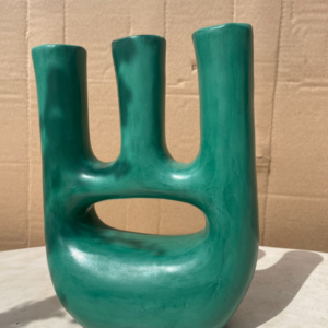 Handmade antique green ceramic vase with sculptural three-neck design and artisan pottery finish