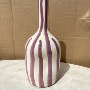 Handmade ceramic vase with mauve striped design and artisan decorative pottery finish