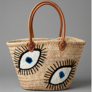Handmade stylish straw bag with evil eye embroidery and genuine leather handles