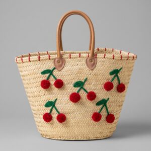Woven Straw Bag with Cherry Design